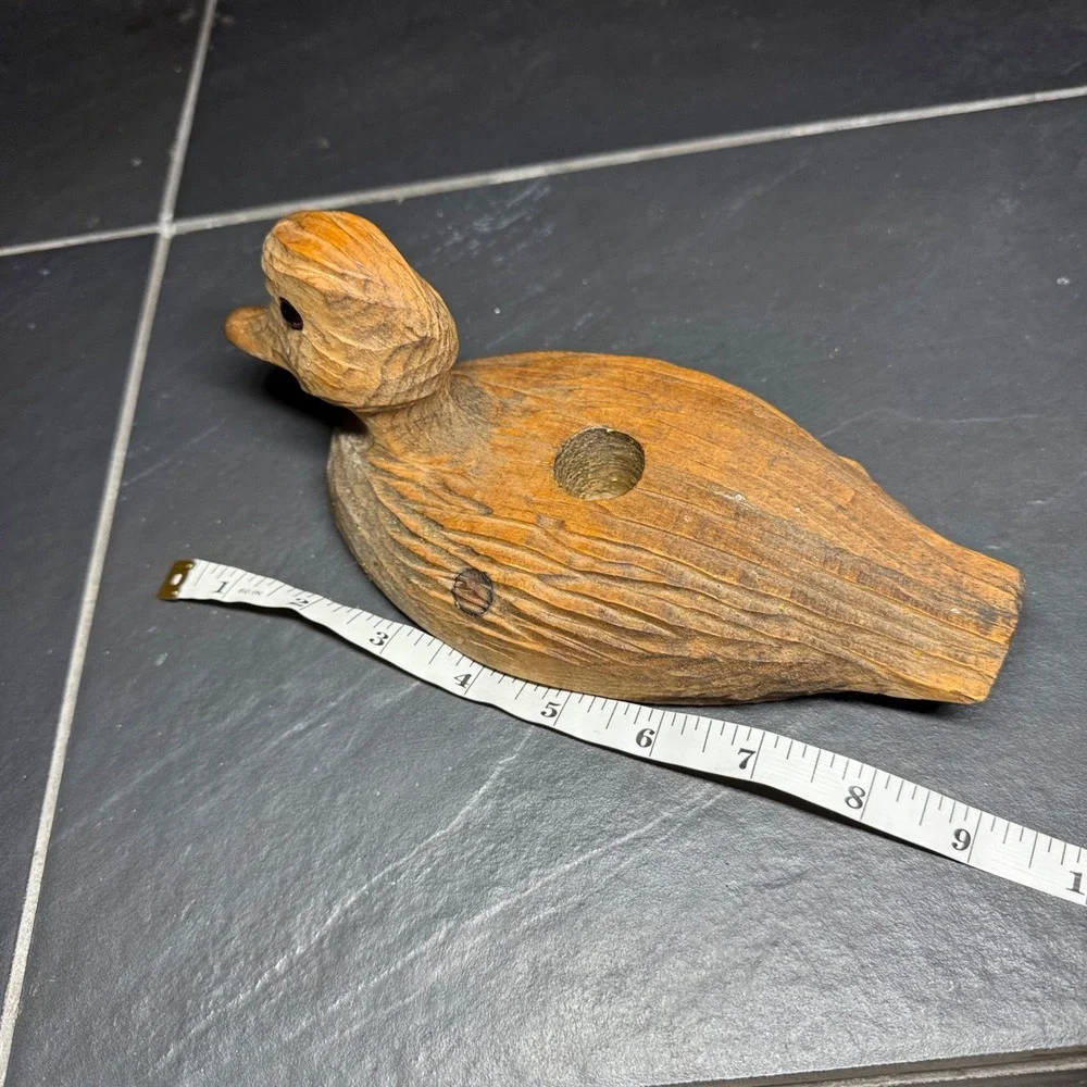 Vintage Hand Carved Wooden Duck Decoy Candle Holder Rustic Waterfowl Figurine 9